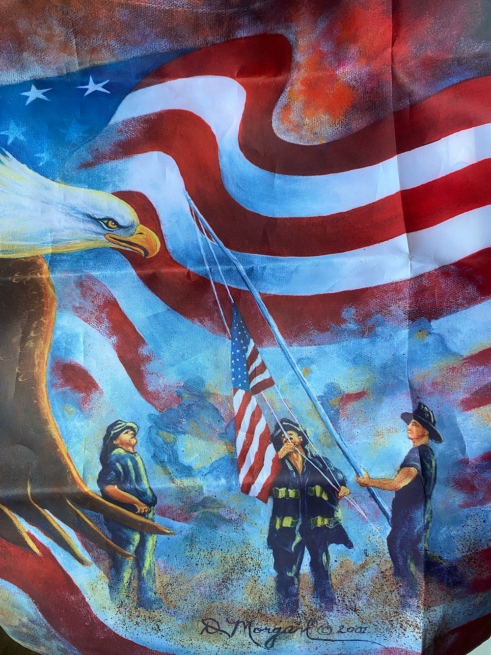 Patriotic Eagle & Firefighters Raising the Flag at Ground Zero house flag